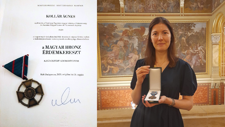 linksseitig ist die Urkunde und das bronzene Verdienstkreuz Ungarns zu sehen, rechts ein Portrait der Ausgezeichneten Ágnes Kollár mit dem Verdienstkreuz in den Händen